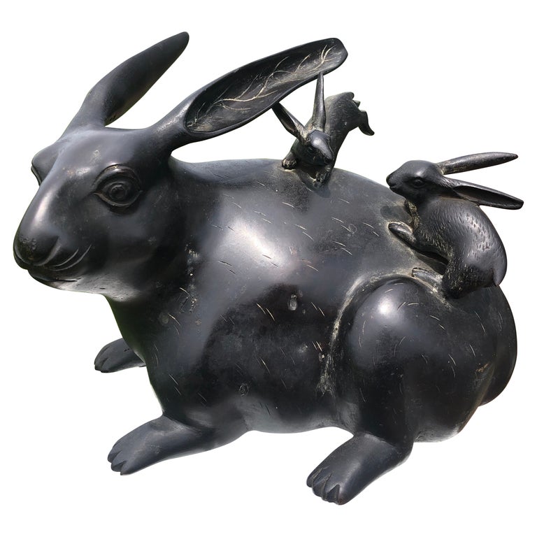Japanese Fine Old Bronze Rabbit Family For Sale