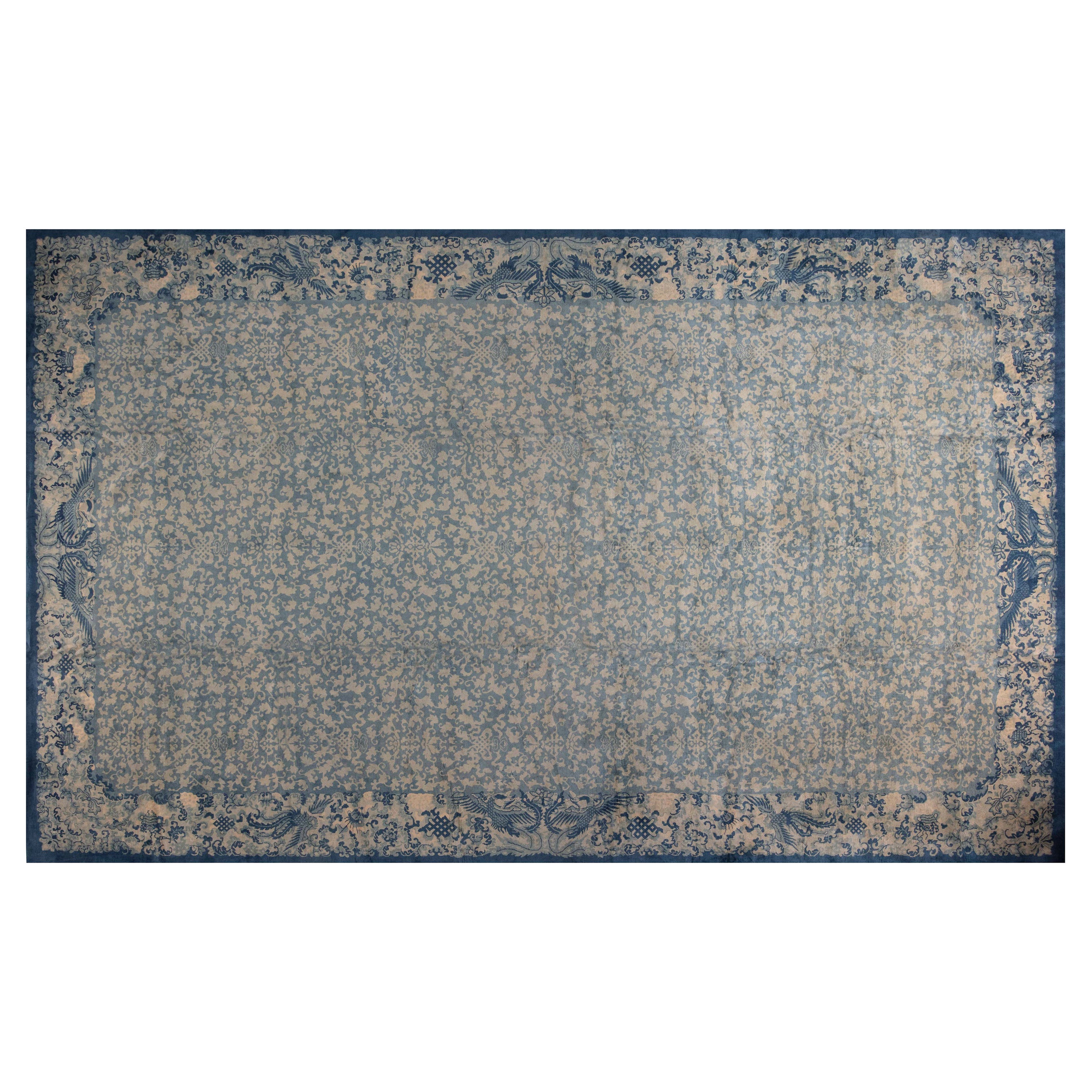 Extra Large Vintage Chinese Art Deco Blue Rug For Sale