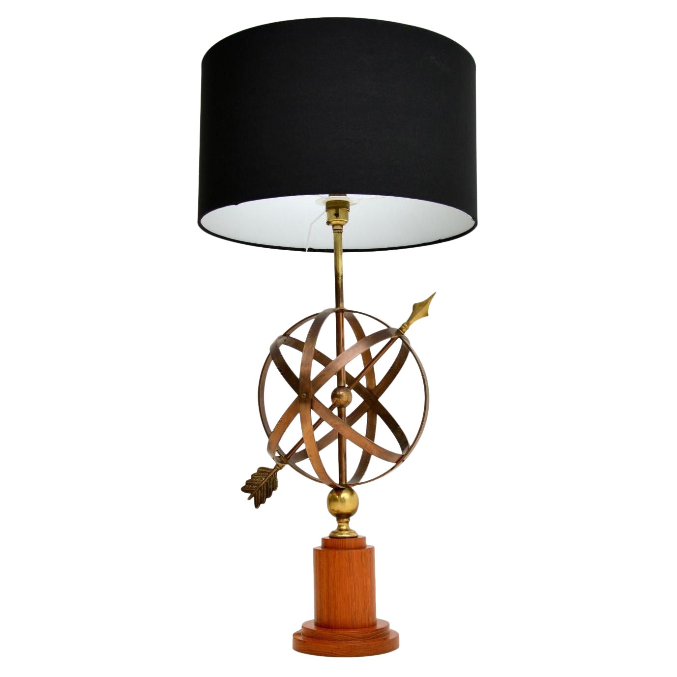 Brass & Teak Armillary Sphere Vintage Table Lamp For Sale