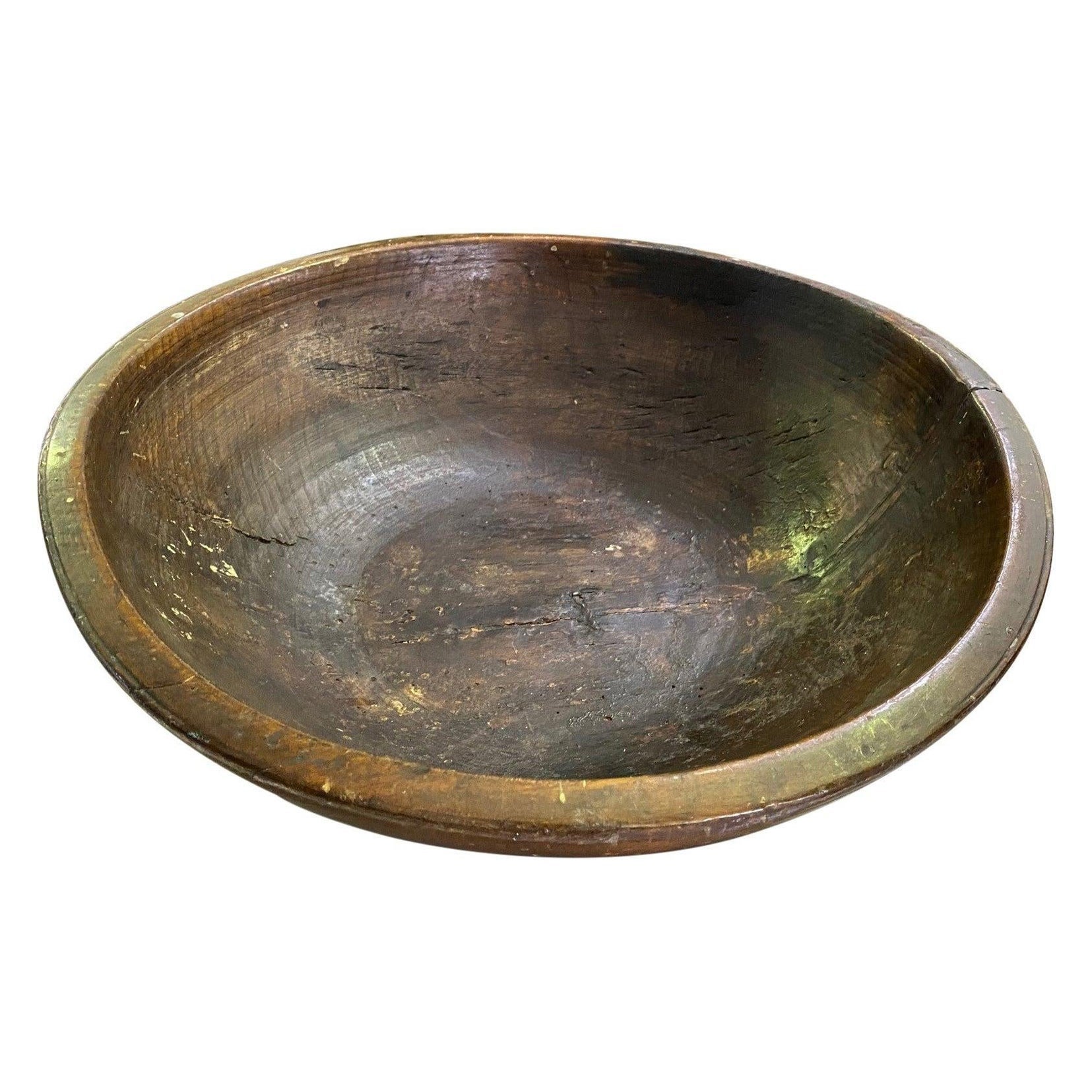 Large Heavy Rustic Wood Hand Turned Carved Centerpiece Bowl, 1800s For Sale