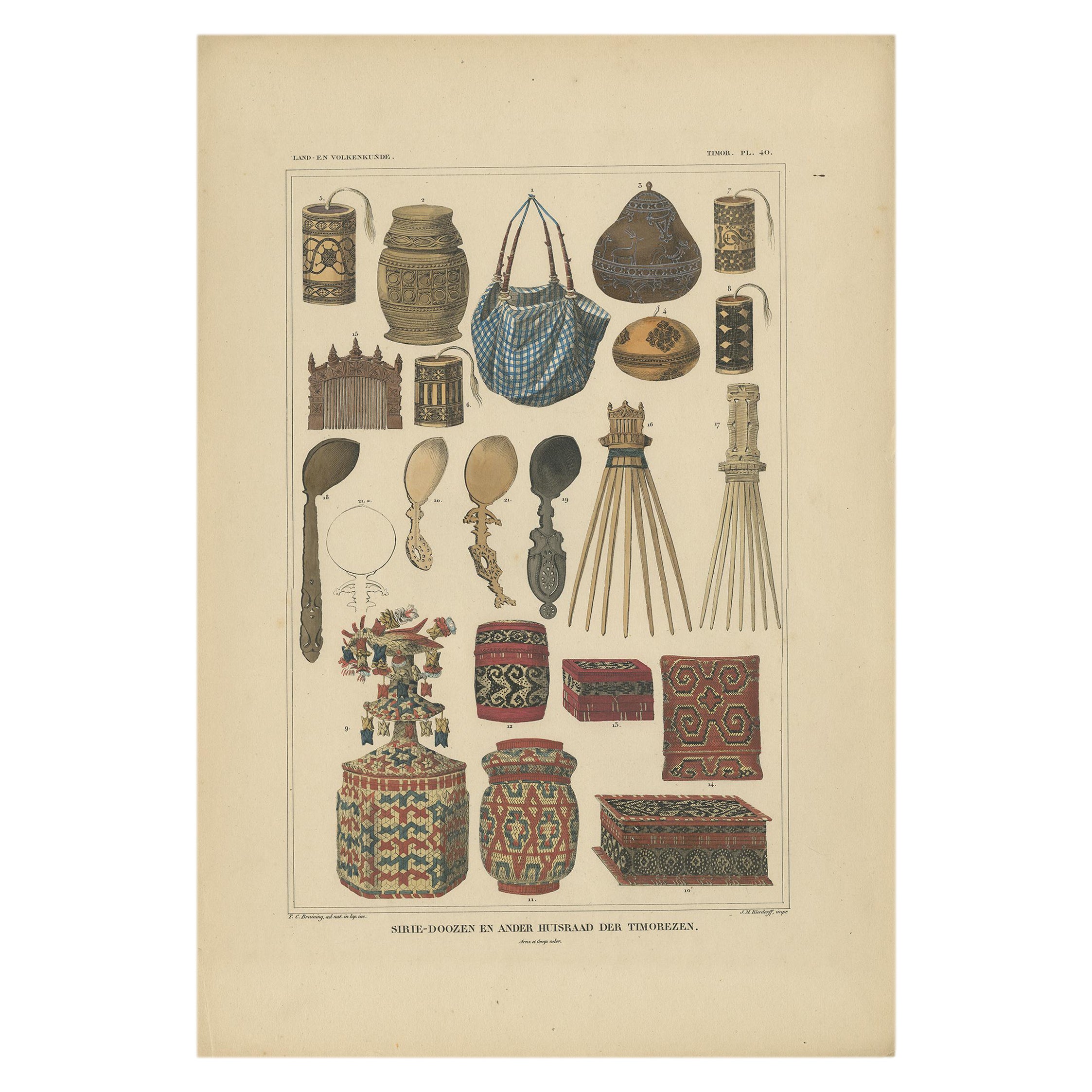 Set of 7 Decorative Antique Prints of Borneo, Timor and Papua Culture, ca. 1840