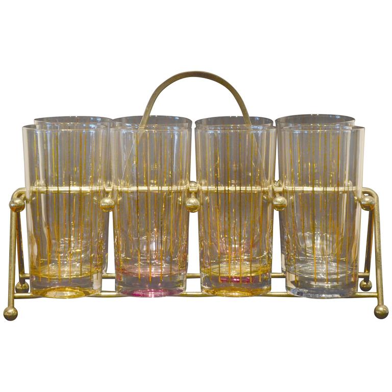 Set of Eight MidCentury Gold Stripe Tom Collins Glasses with Brass