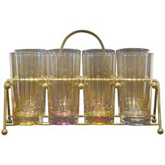 Set of Eight Mid-Century Gold Stripe Tom Collins Glasses with Brass Caddy