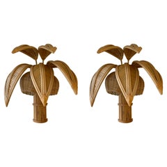 Pair of Rattan Palm Tree Sconces, France, 1980s