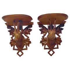 Pair Antique German Black Forest Wood-Carved Wall Brackets, Circa 1920's. 