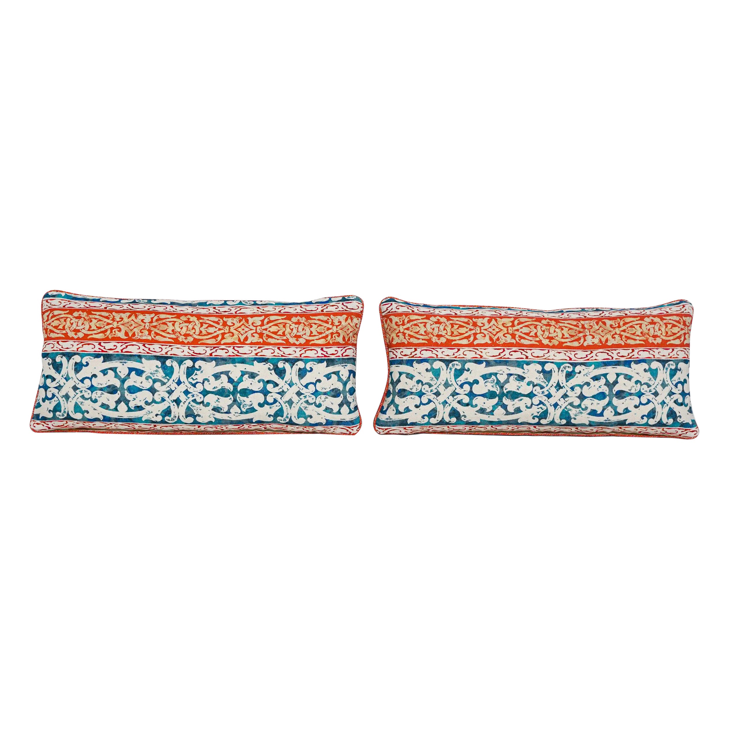 Blue White Patterned Lumbar Pillow Pair with Orange Flange For Sale at