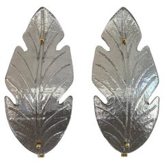 Paire d'appliques murales italiennes Sommerso en verre de Murano en forme de feuilles d'argent du XXe siècle