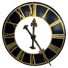 Antique Black Church Clock Face with Gilt Roman Numerals and Hands-19th Century
