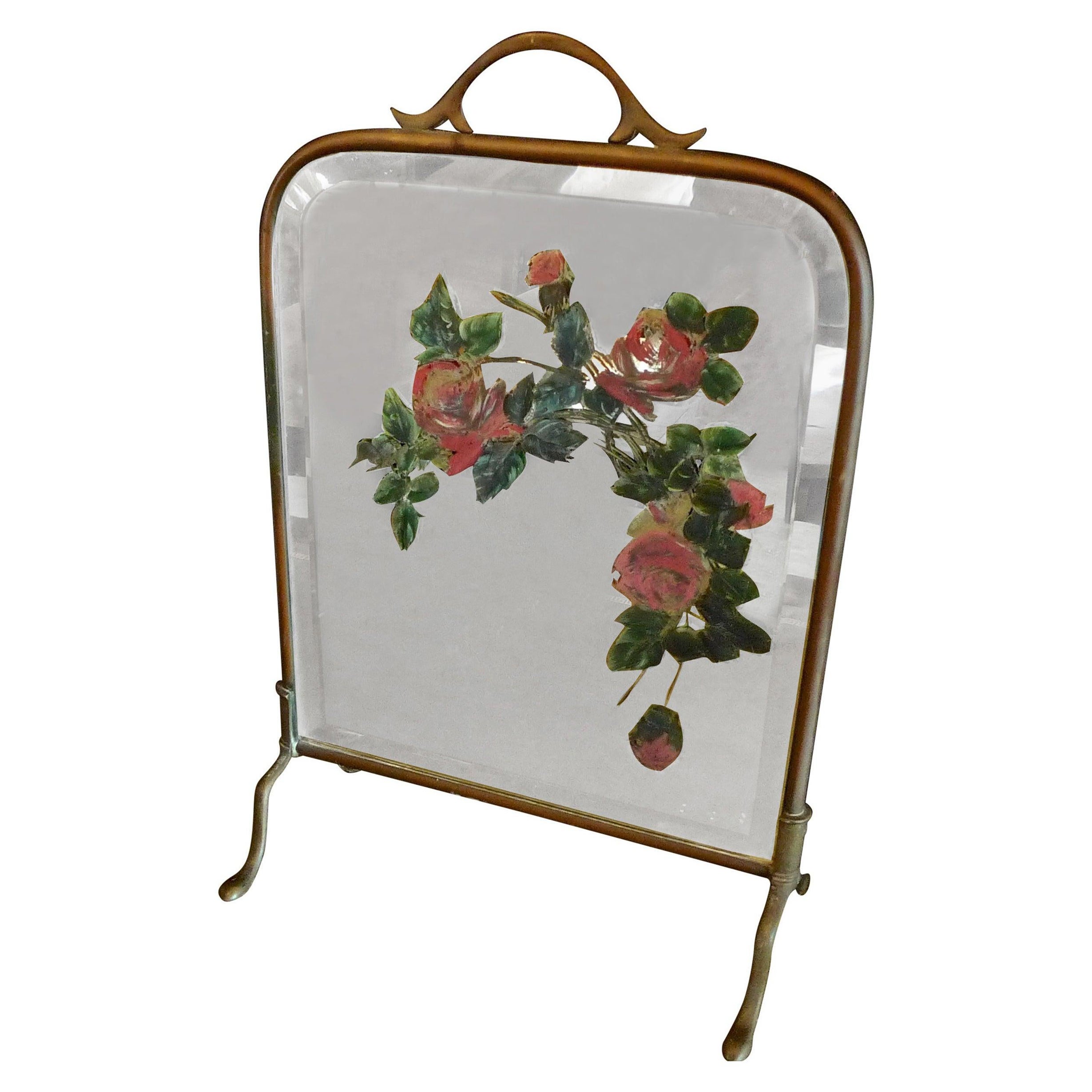 French 1930s Mirrored Fire Screen with Painted Flowers on Beveled Mirror Glass