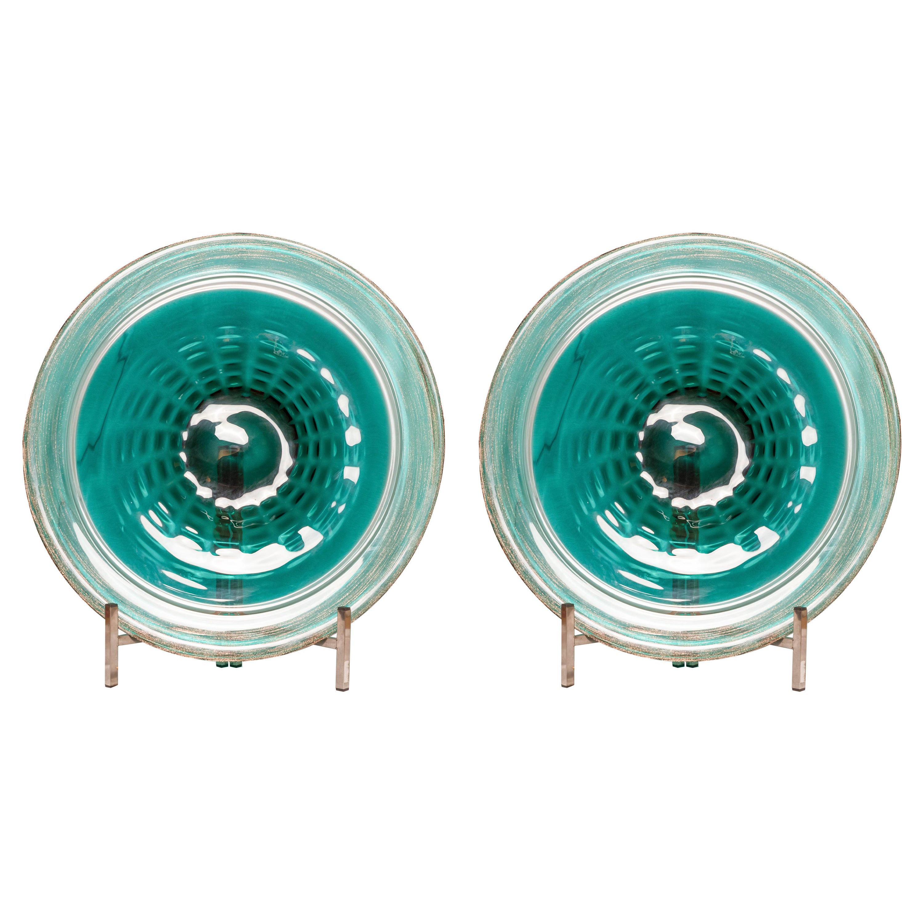 Pair of 80s 90s Turquoise Blue and Gold Hand Blown Murano Glass Plates For Sale