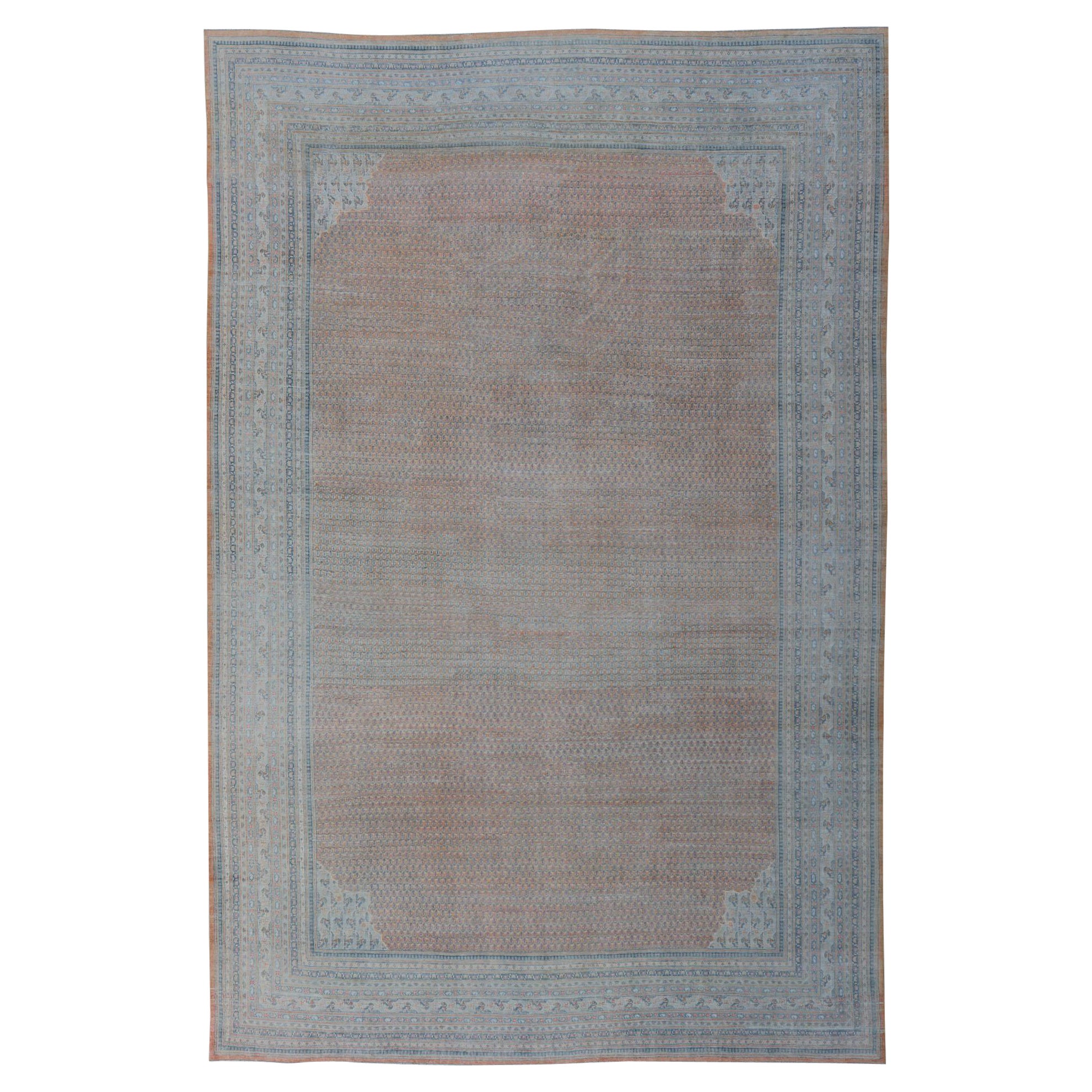 Minimalist Design Persian Tabriz Rug with Soft Orange Background, Silver & Blue For Sale