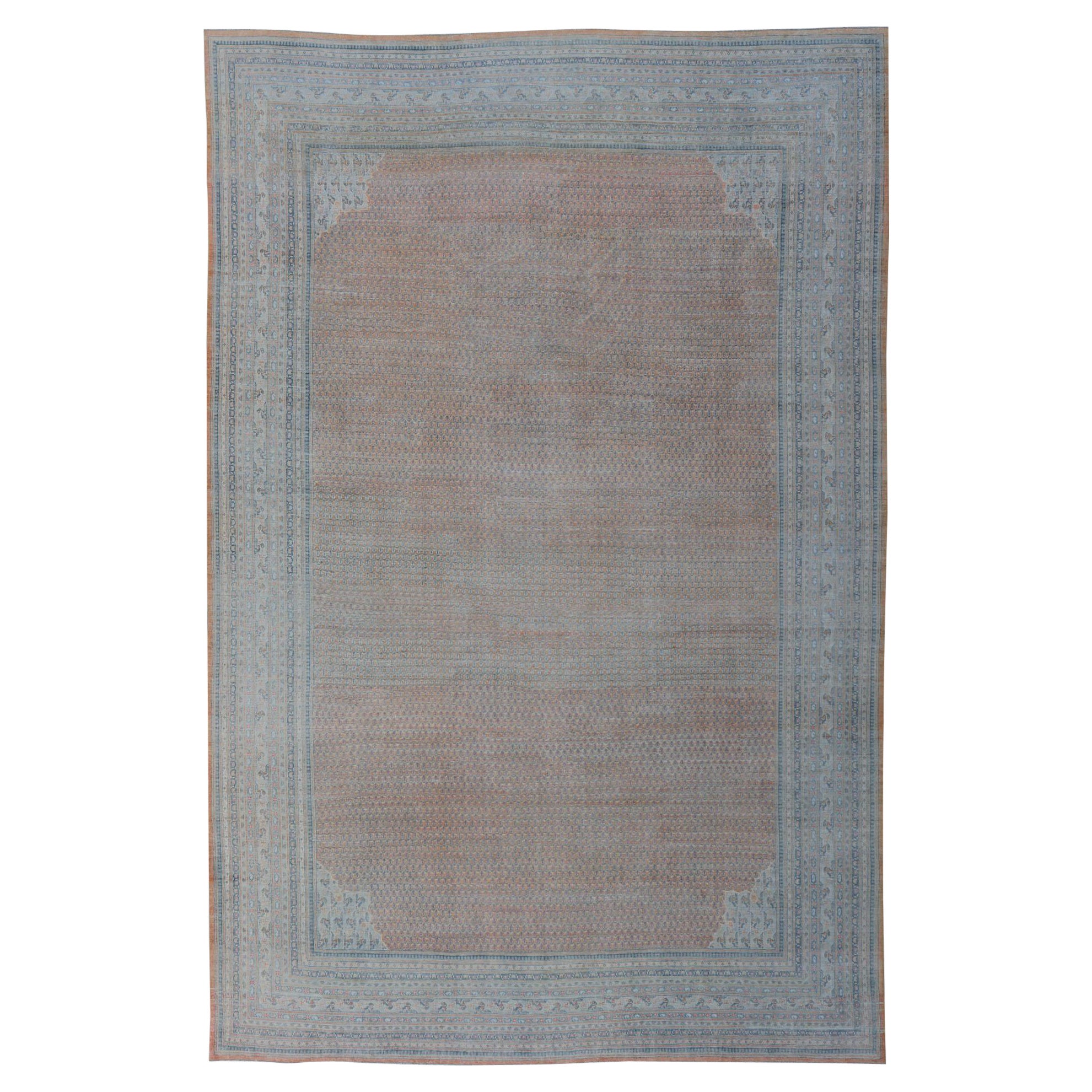  Minimalist Design Persian Tabriz Rug with Soft Orange Background, Silver & Blue For Sale