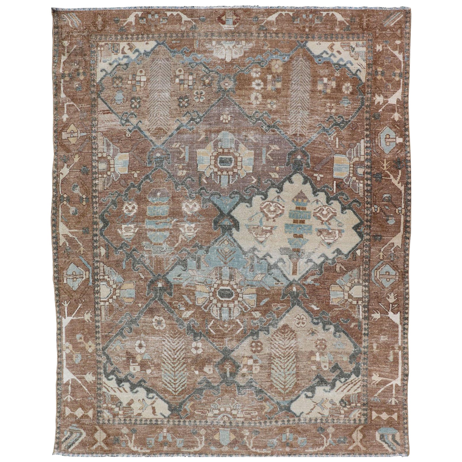 Antique Persian Bakhitari Rug with All-Over Patten in Earthy and Brown Tones