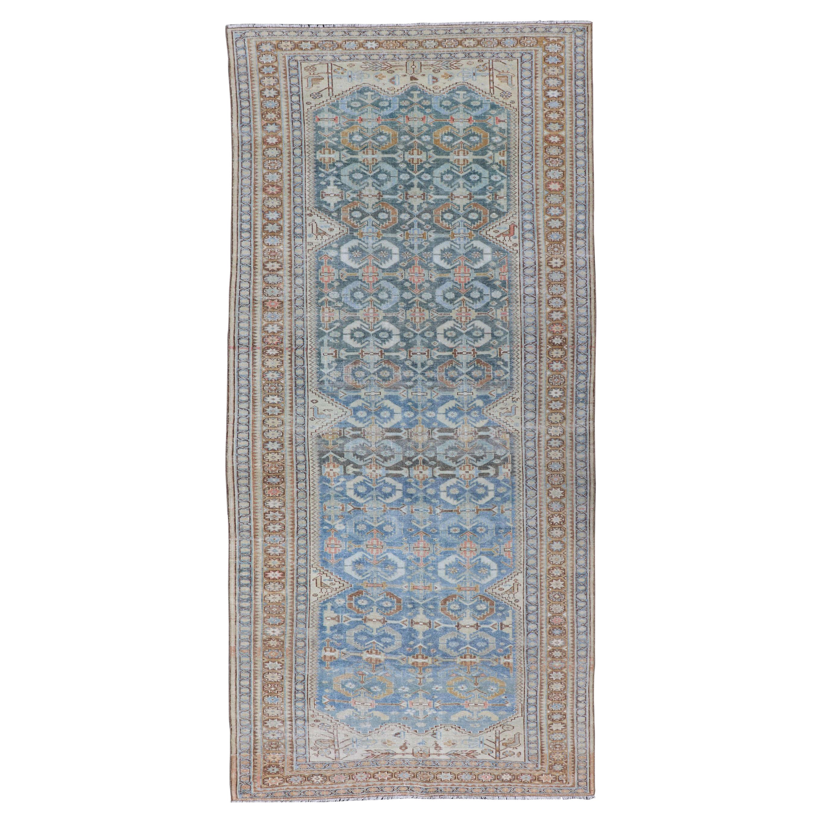 Light Blue and L. Green Persian Gallery Malayer Rug with Geometric Design