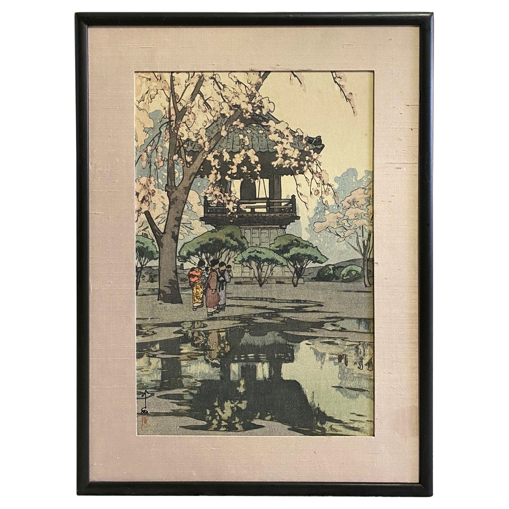 Hiroshi Yoshida Sealed Framed Japanese Color Woodblock Print in a Temple Yard