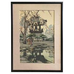 Vintage Hiroshi Yoshida Sealed Framed Japanese Color Woodblock Print in a Temple Yard