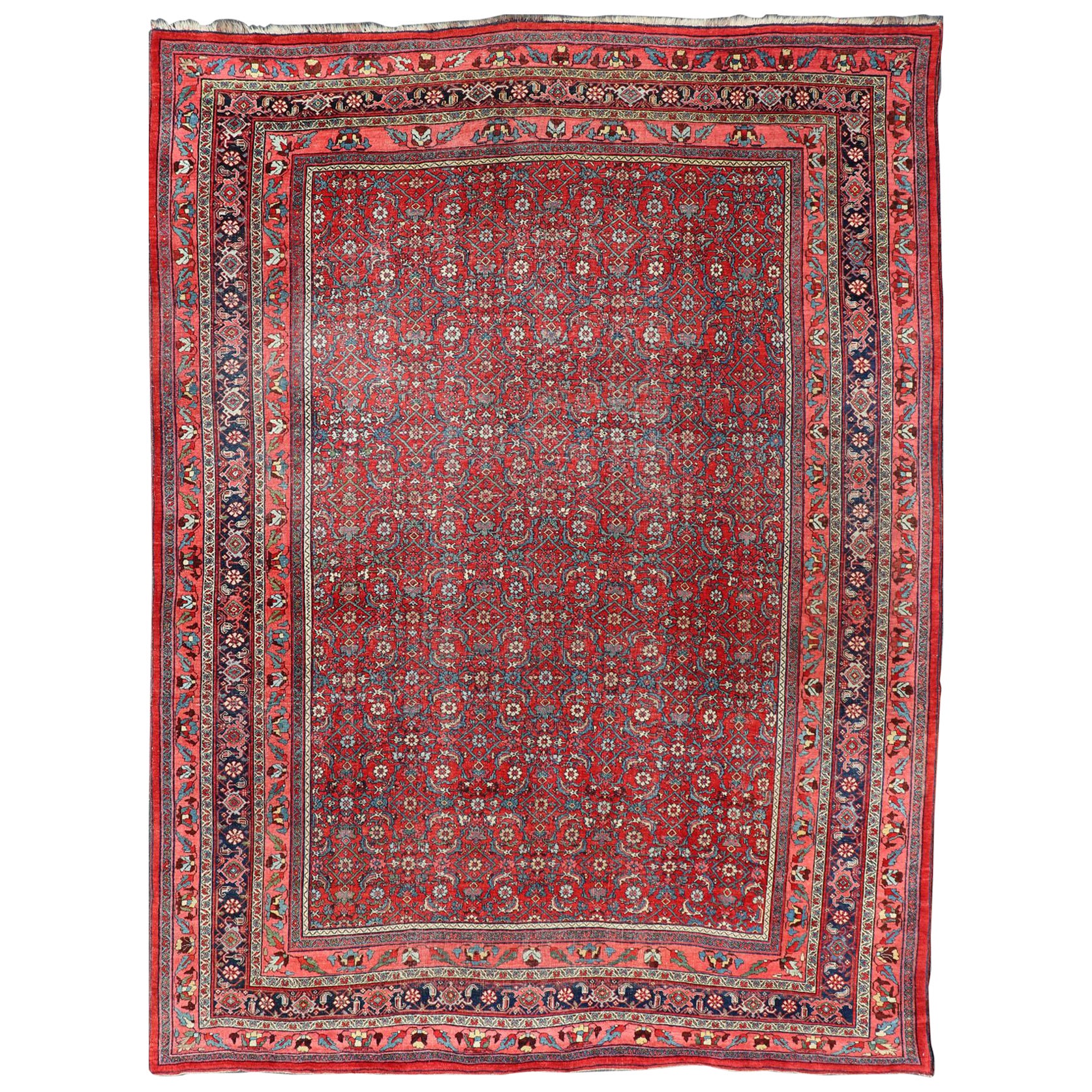 Antique Large Persian Bidjar Rug with All-Over Design in Red and Blue For Sale