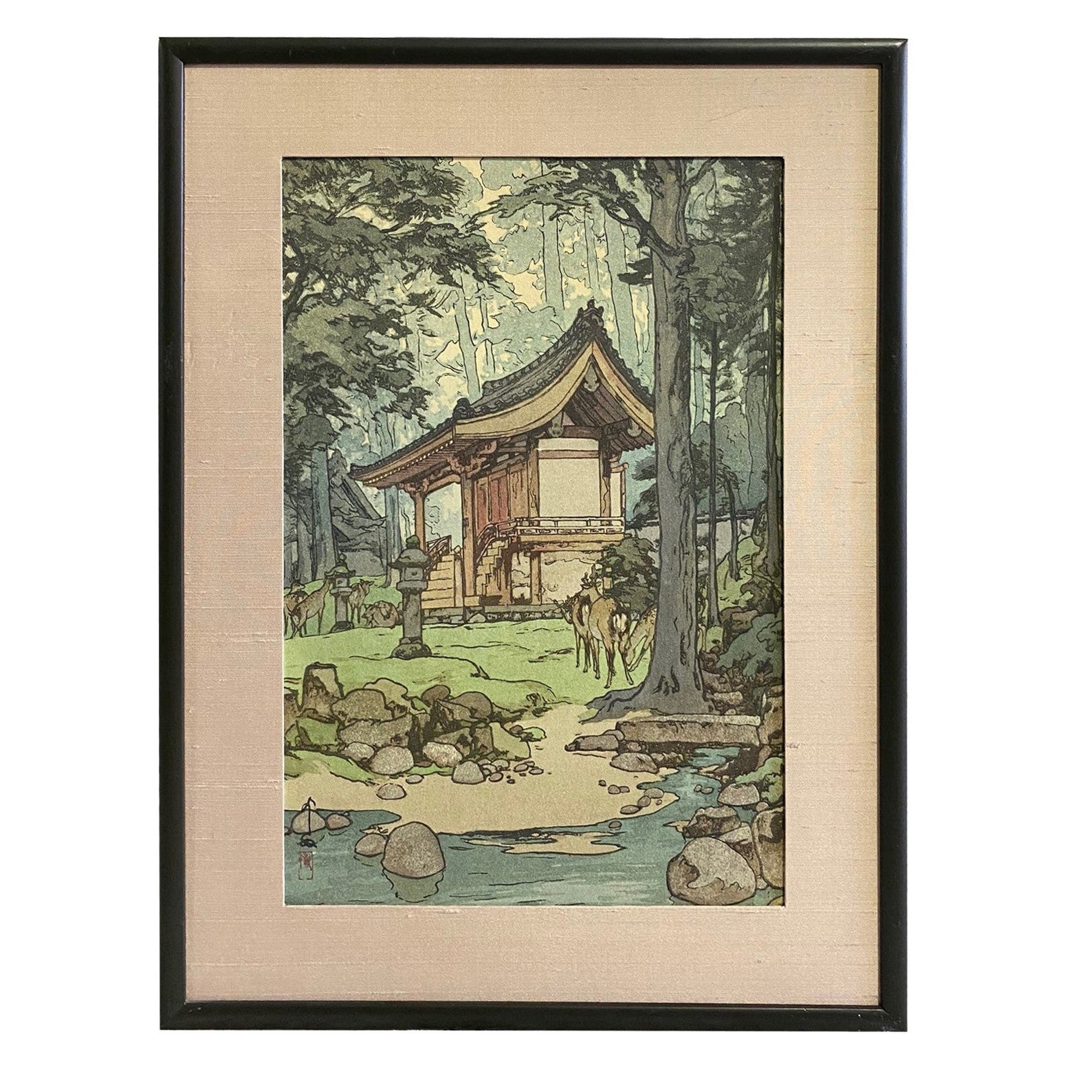 Hiroshi Yoshida Sealed Framed Japanese Color Woodblock Print Temple in the Woods