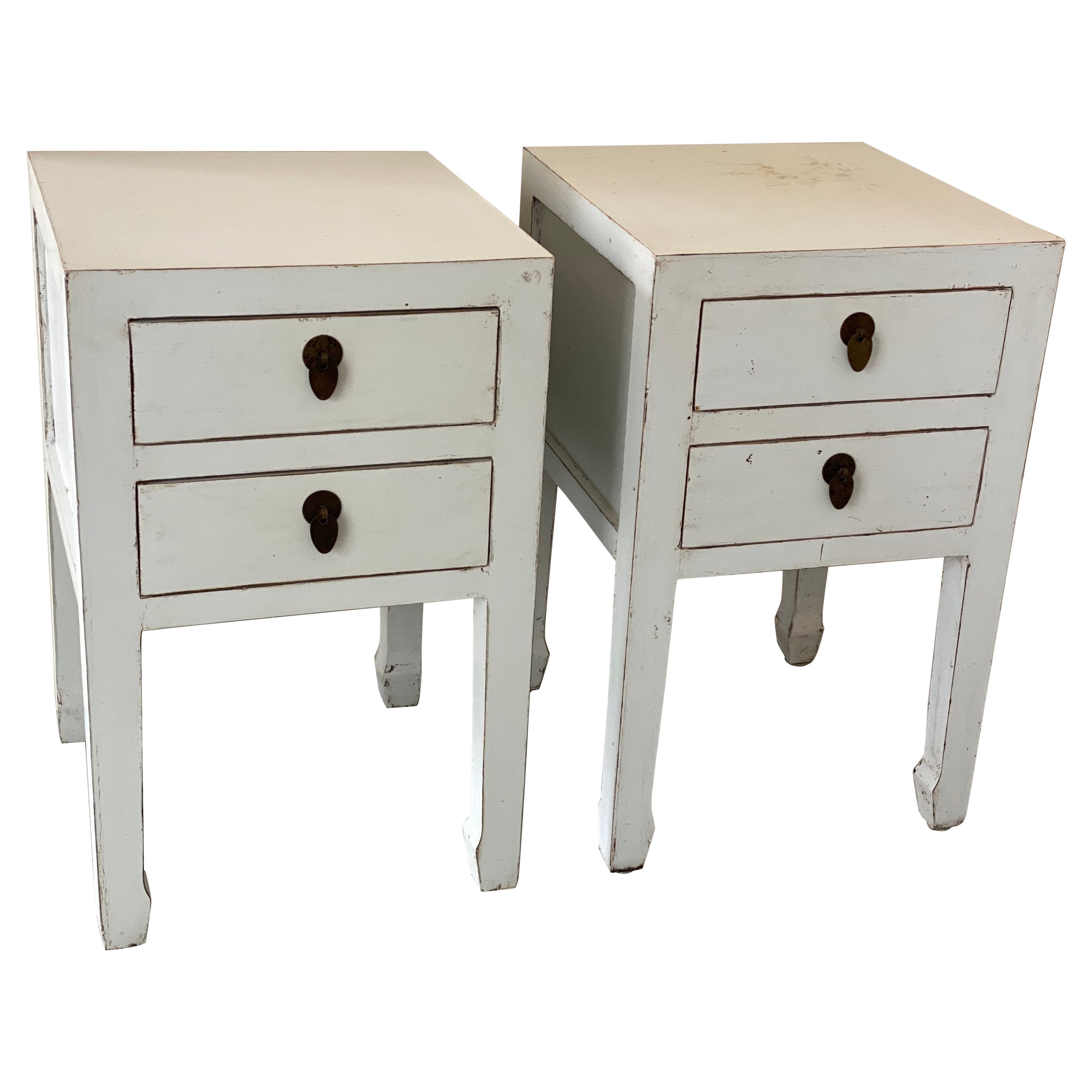 Pair of White Painted Two Drawer Chinese Style End Tables For Sale