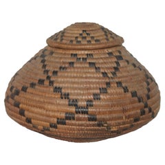 American Indian Coiled Hand Woven Lidded Basket