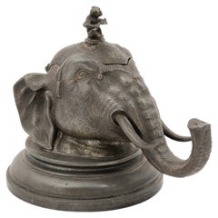 French 19th Century Metal Inkwell with Caparisoned Indian Elephant and Monkey