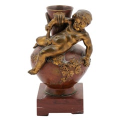Petite French 19th Century Vase with Gilt Putto, Grapes and Square Marble Base