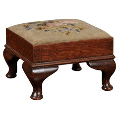 Antique French Napoleon III 1870s Petite Footstool with Floral Needlepoint Upholstery