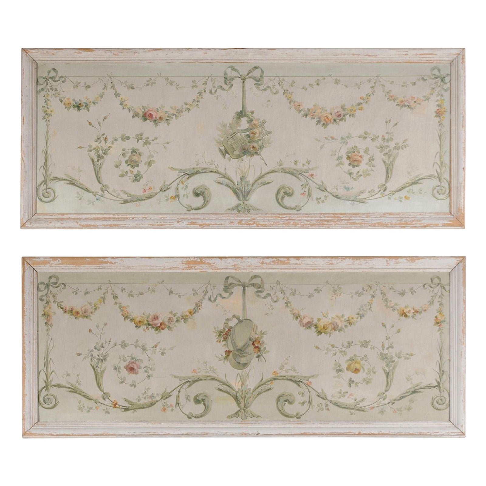 Pair of French Napoléon III 1860s Oil on Canvas Overdoors with Floral Garlands