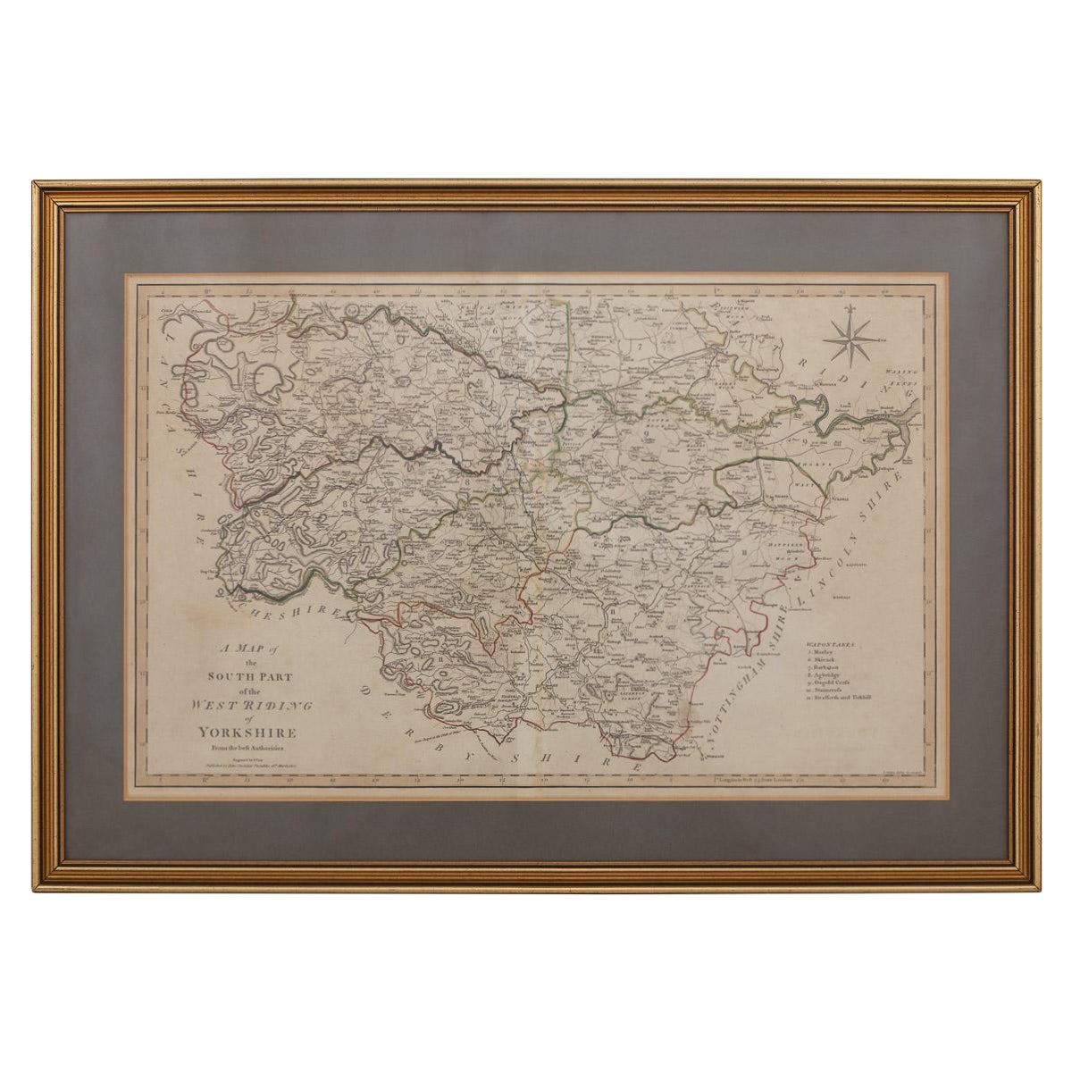 Mapa de John Cary del siglo XIX de la parte sur de West Riding of Yorkshire, hacia 1805