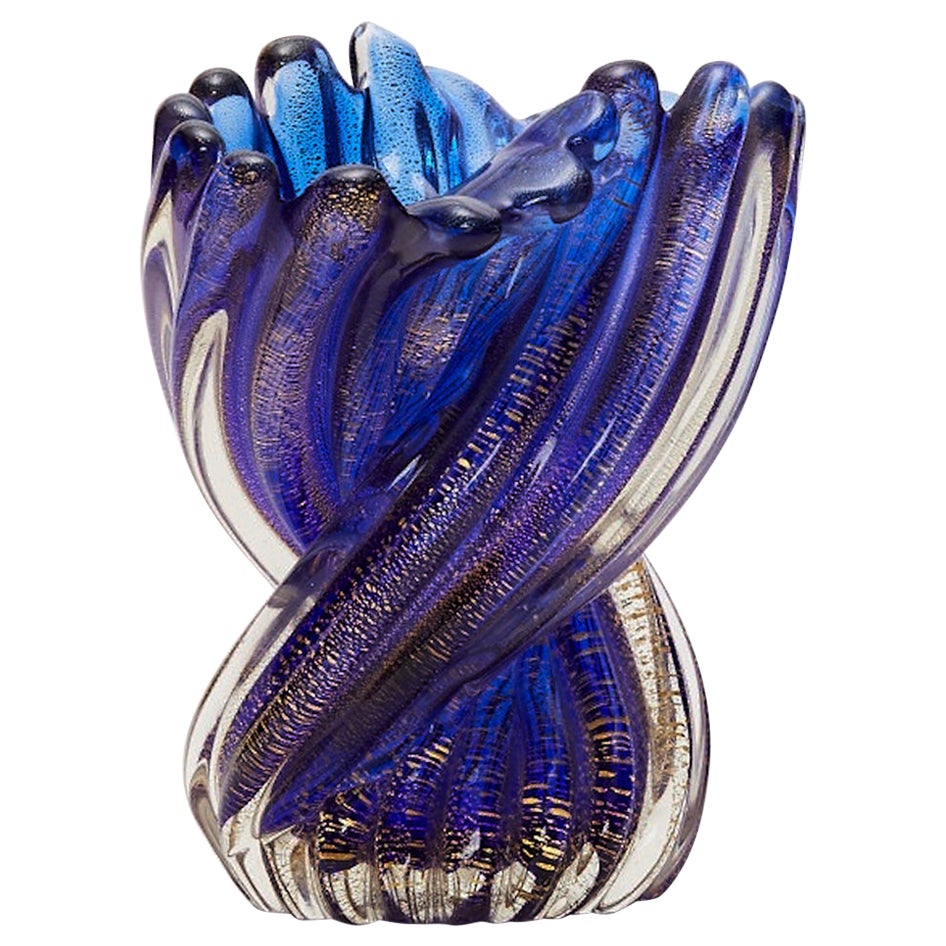 Night Blue Ritorto Vase with Gold Leaf by Archimede Seguso Murano 1955 For Sale