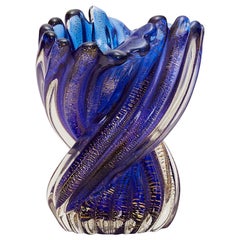 Vintage Night Blue Ritorto Vase with Gold Leaf by Archimede Seguso Murano 1955