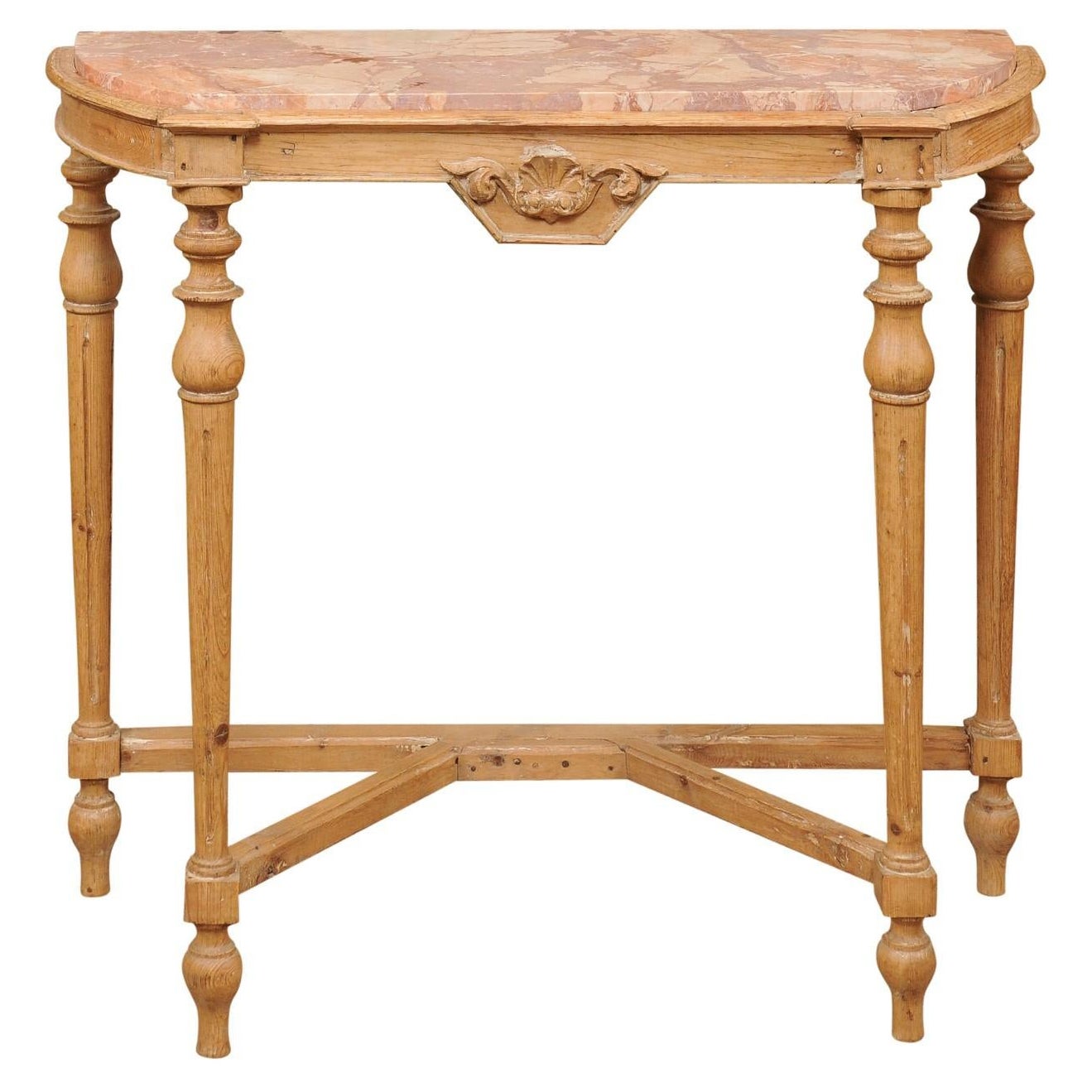 Table console en pin français de la fin du 19e siècle avec pieds cannelés et plateau en marbre encastré