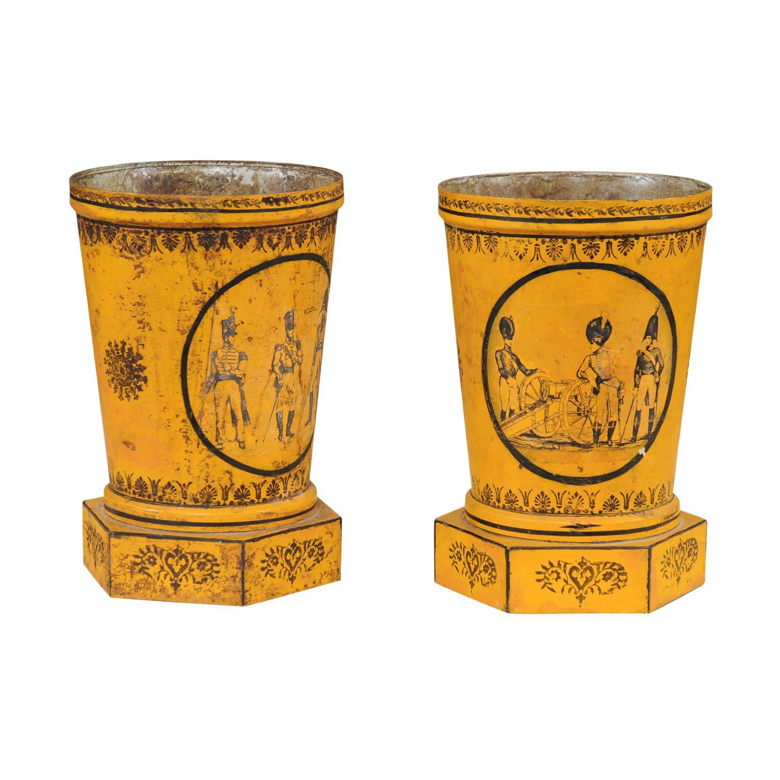 Pair of Directoire Yellow Painted Tole Cachepots, France ca. 1800