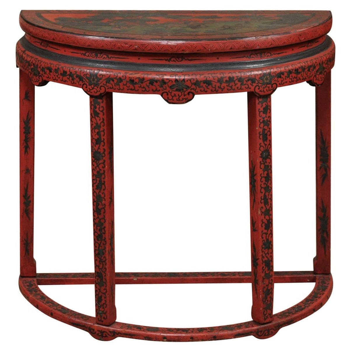 Roter Chinoiserie-Demilune-Konsolentisch, China, 19. Jahrhundert
