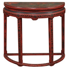 Antique Red Chinoiserie Demilune Console Table, 19th Century, China
