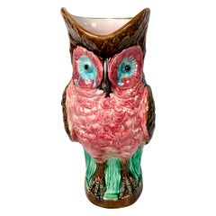 Large Majolica Owl Pitcher Art Nouveau Style Made in England, Late 19th Century