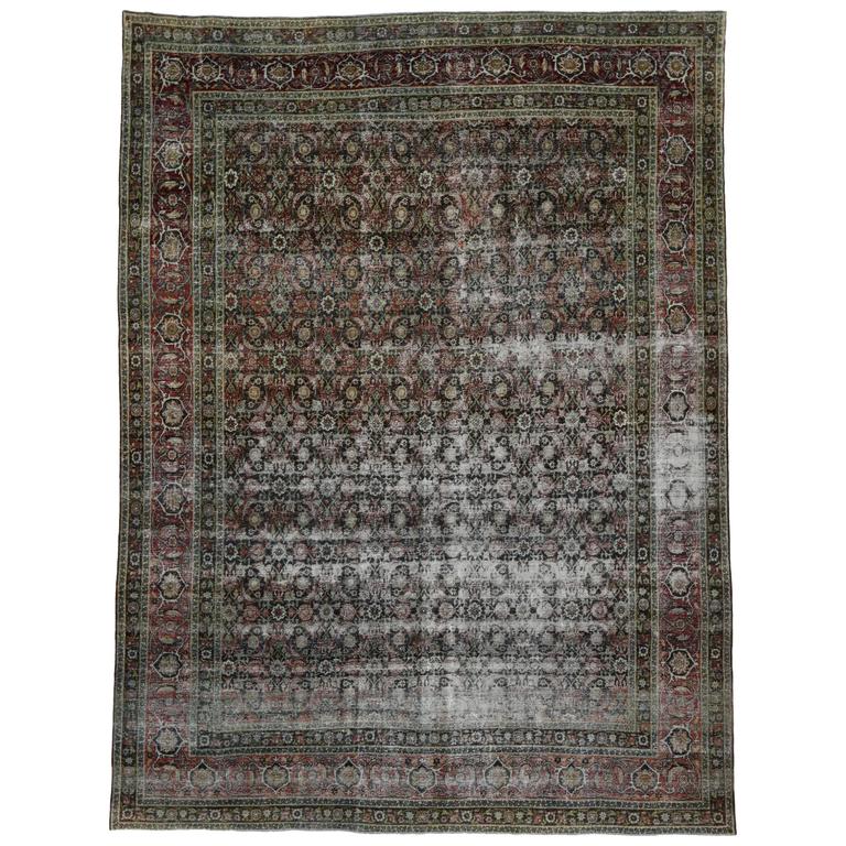 Distressed Antique Persian Yazd Oversize Rug For Sale at 1stdibs