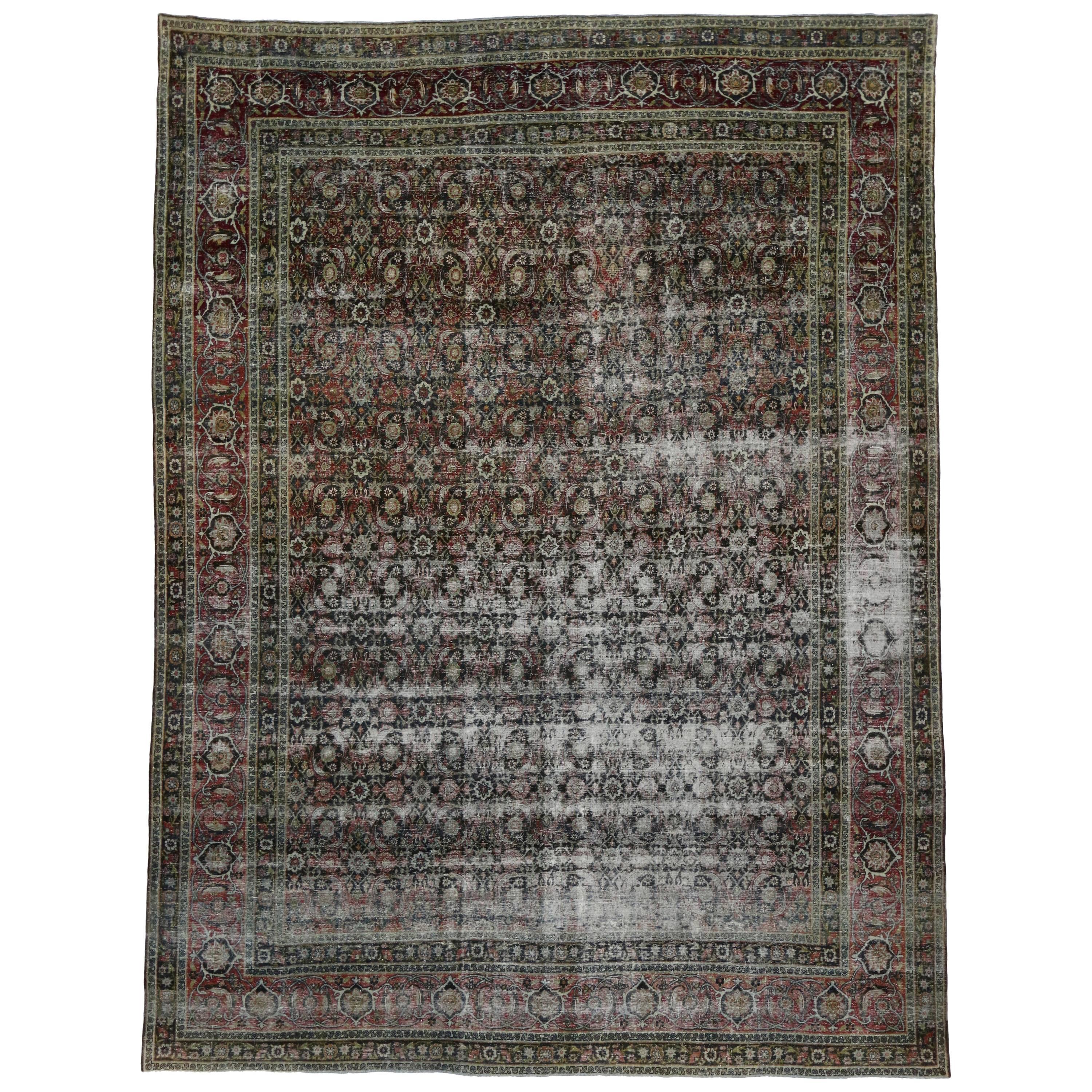 Distressed Antique Yazd Persian Area Rug with Modern Industrial Luxe Style