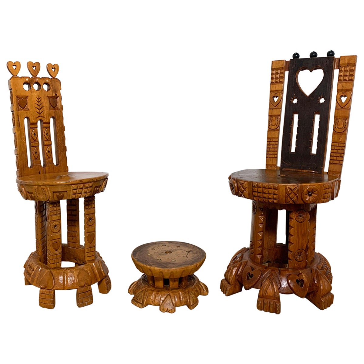 Hand Carved Folk Art Chairs by Joseph Deveau, Circa 1950s For Sale