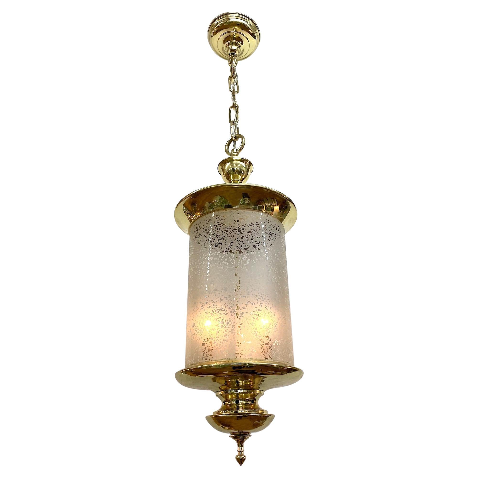 Italian 1950s Brass Lantern with Acid Etched Blown Glass Shade For Sale