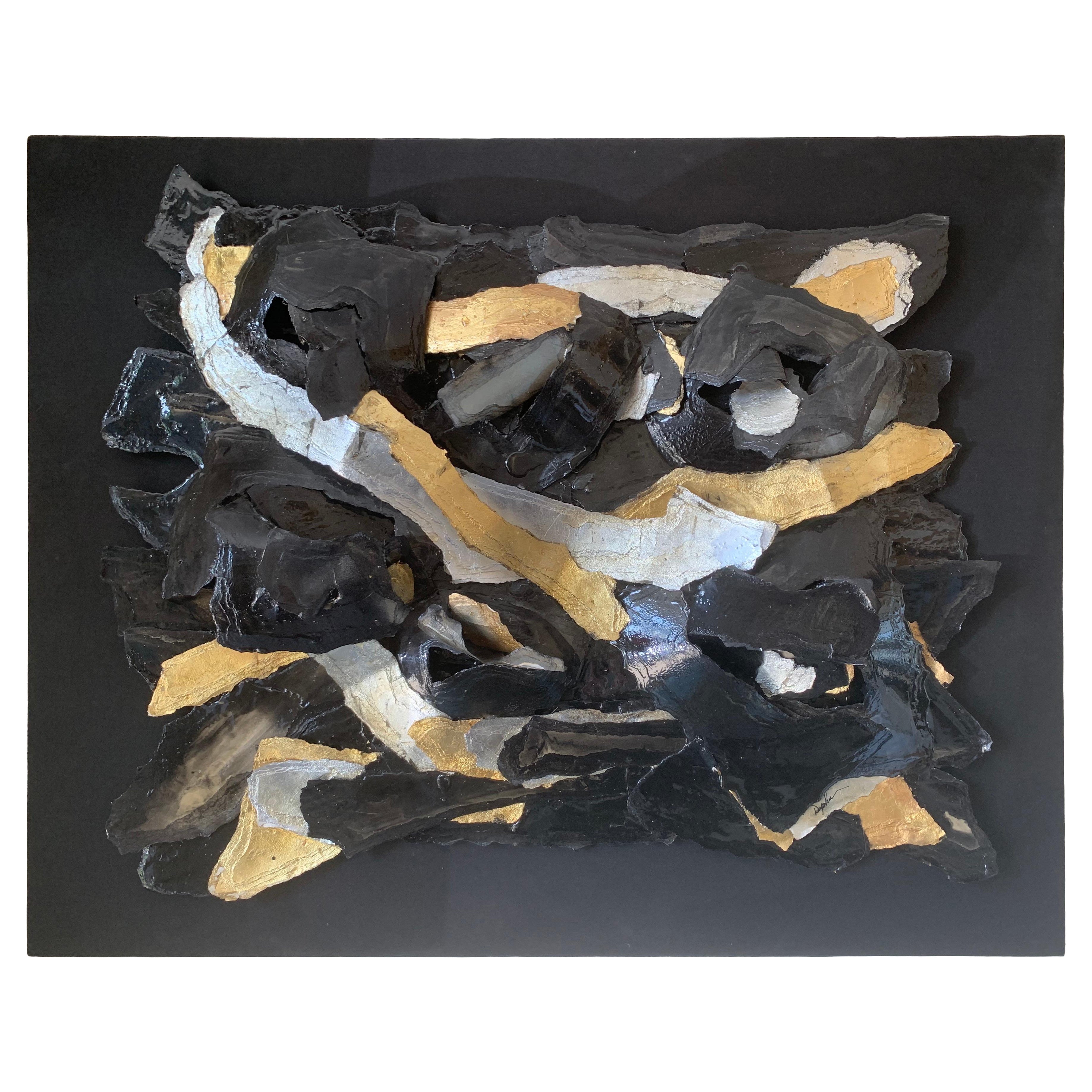 Mid-Century Modern Black and Gold Mixed Media Sculpture Painting