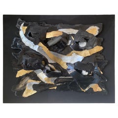 Mid-Century Modern Black and Gold Mixed Media Sculpture Painting