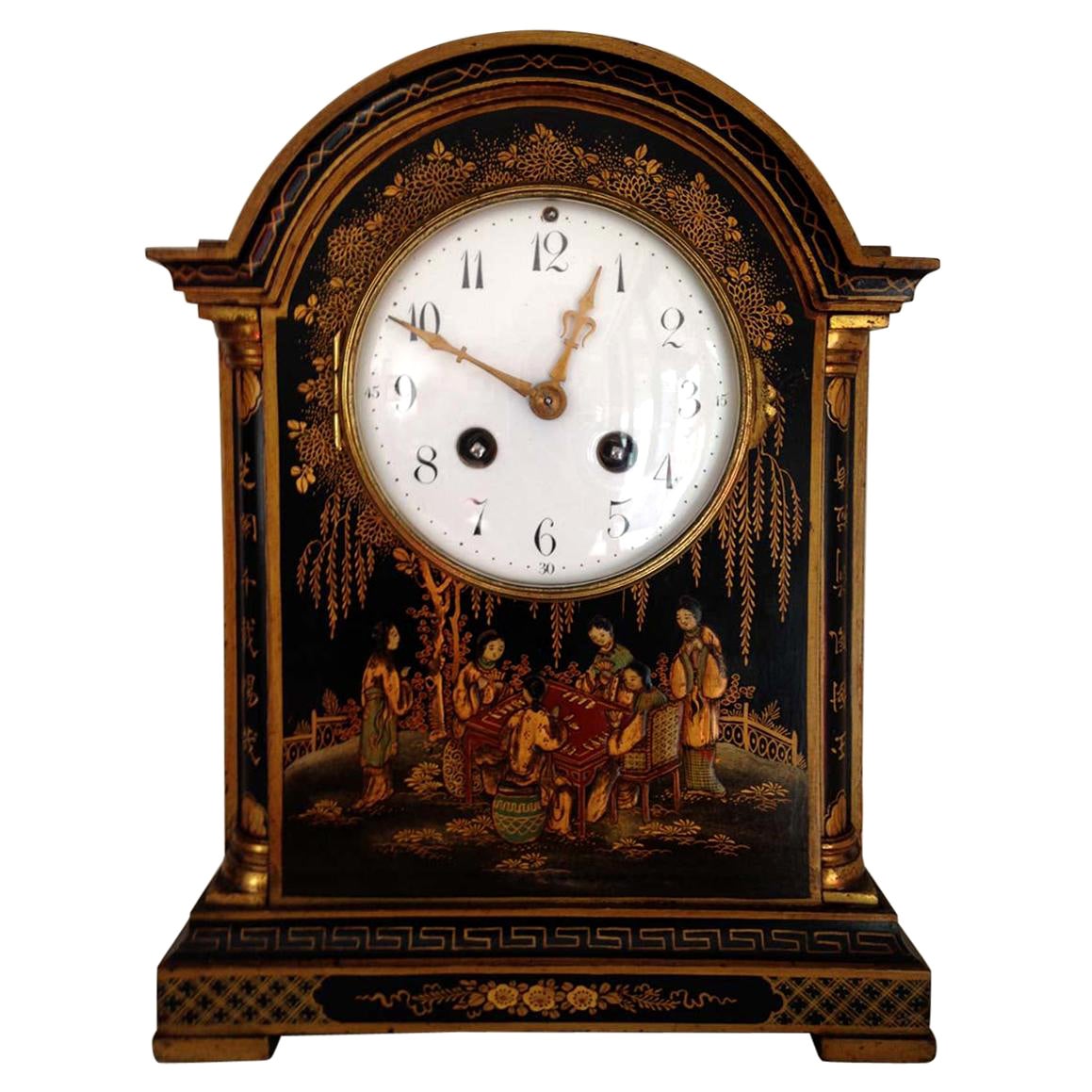 Black Chinoiserie Georgian Style Chiming English Mantel Clock, circa 1900 For Sale