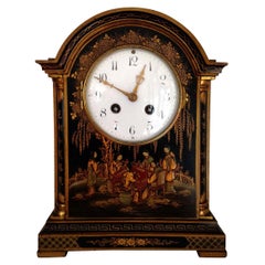 Vintage Black Chinoiserie Georgian Style Chiming English Mantel Clock, circa 1900