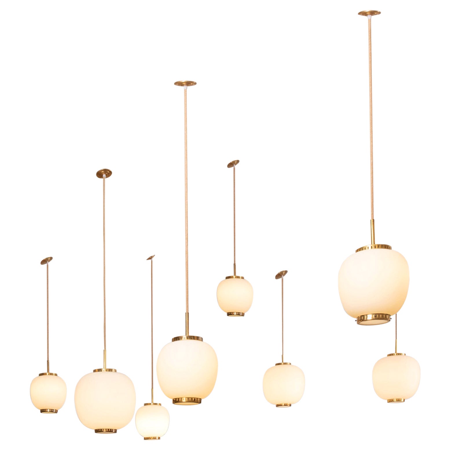 Collection of 8 Opaline Glass and Brass Ceiling Fixtures, Bent Karlby for Lyfa