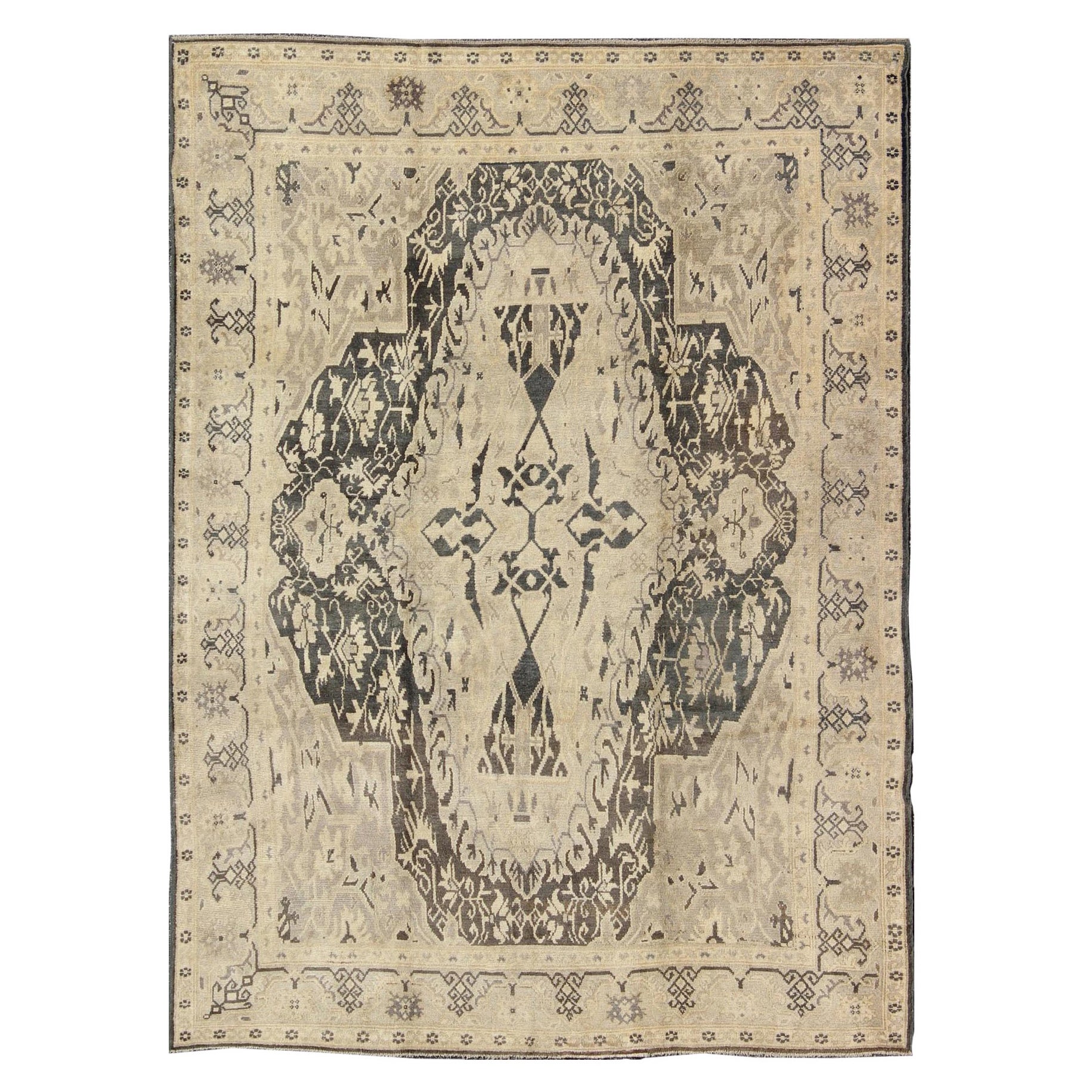 Turkish Antique Sevas Rug with Fine Weave in Gray Green and Taupe For Sale