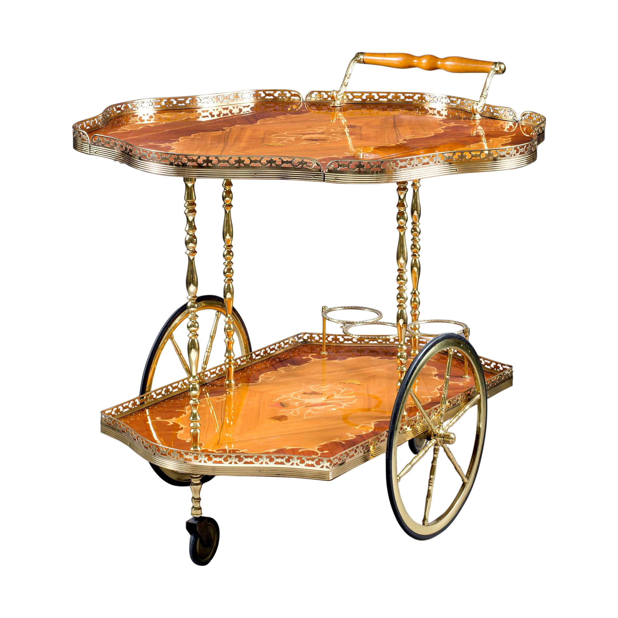 Mid-20th Century Marquetry and Polished Brass Drinks Trolley