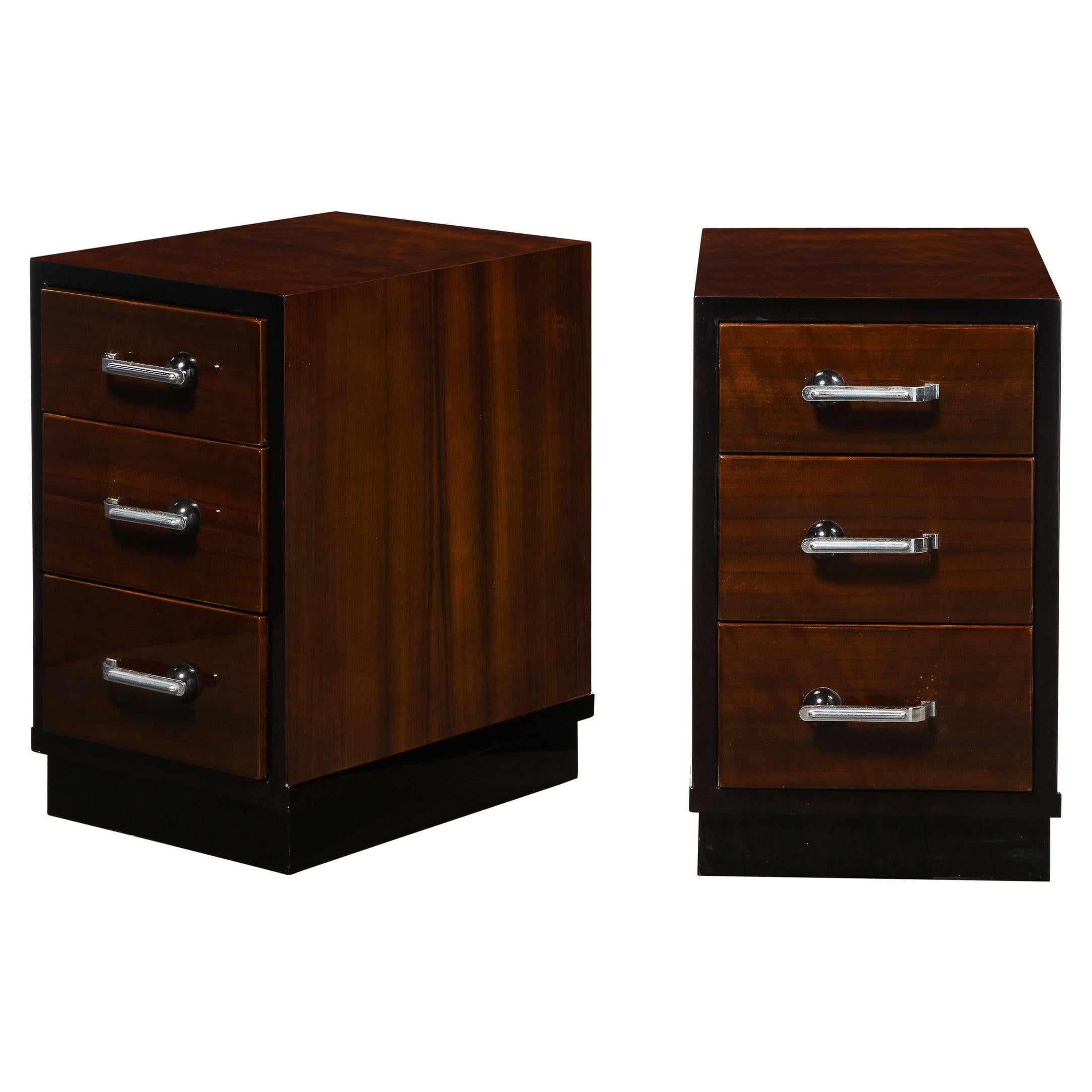 Pair of Art Deco Nightstands in Lacquer & Walnut w/ Streamlined Chrome Pulls