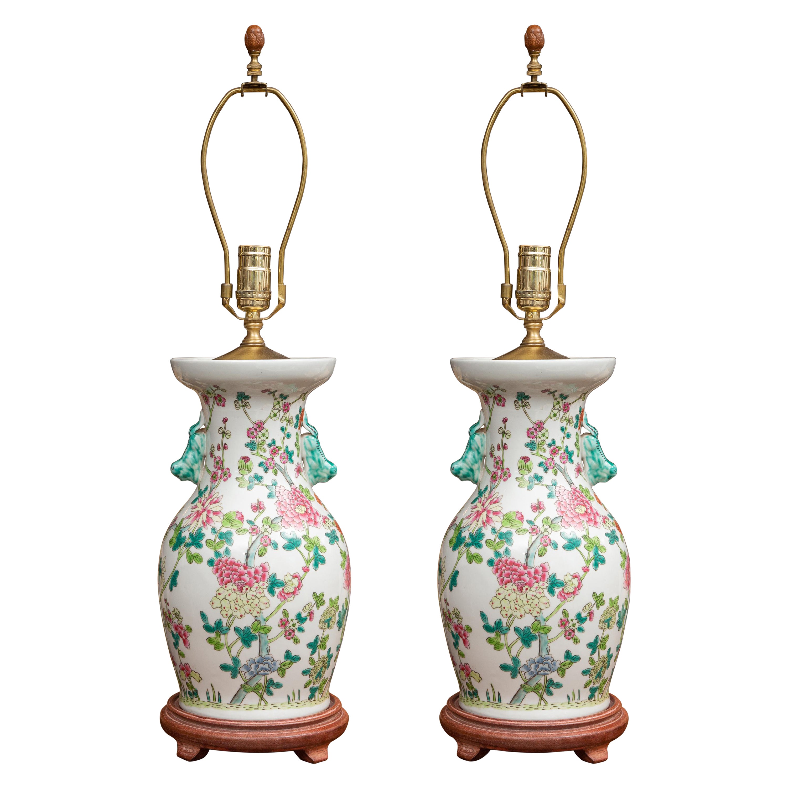 Pair of Chinese Floral Pattern Lamps For Sale