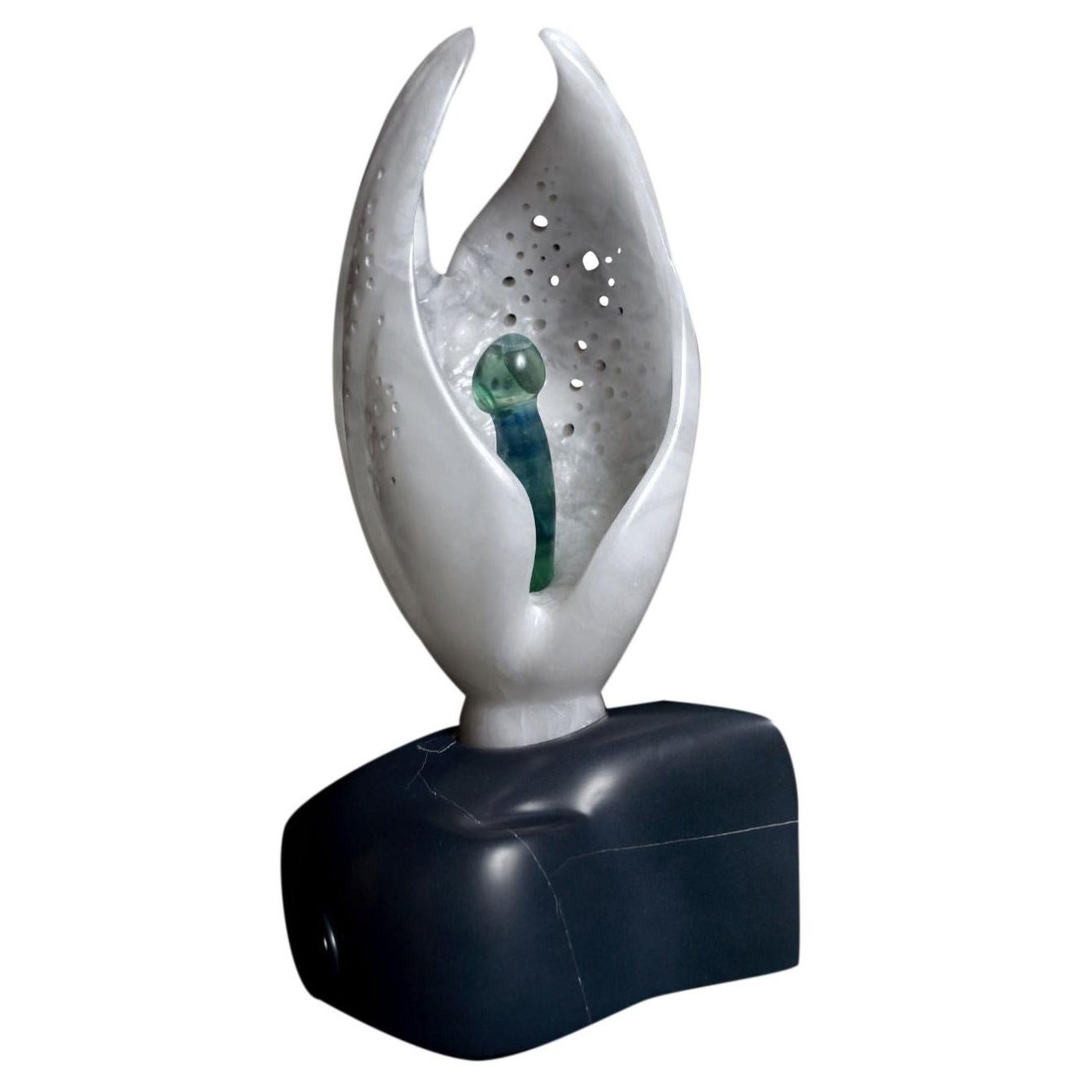Chrysalis White Alabaster Ebony Soapstone UV Lighted Metaphysical Sculpture For Sale